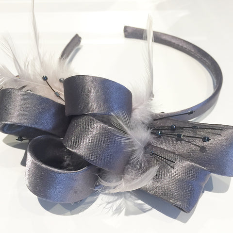 Grey Satin Headband With Feathers