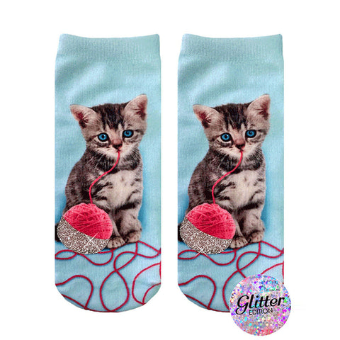 Kitten And Yarn Glitter Ankle Socks