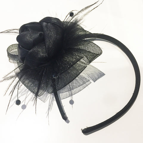 Black Headband With Feather And Mesh Rose Detailing